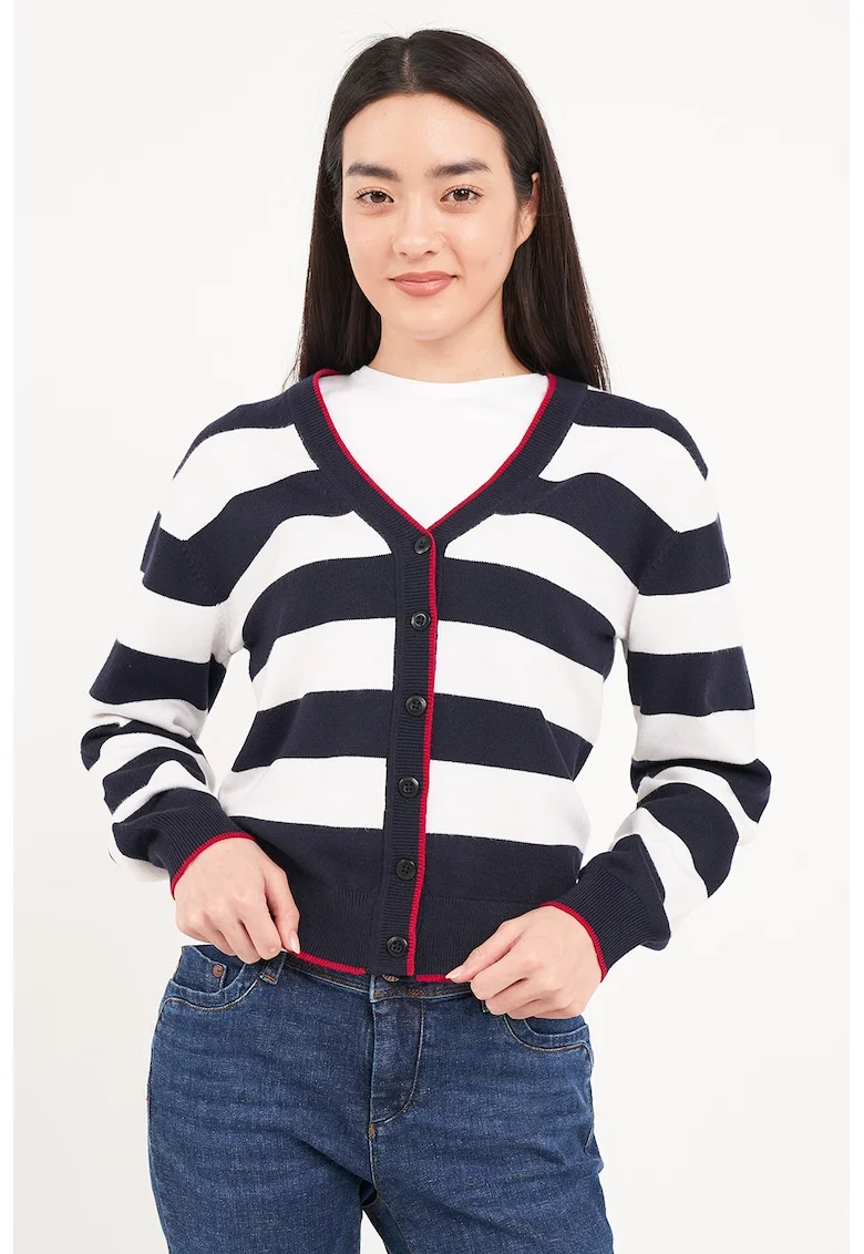 Cardigan cu decolteu in V si model in dungi, Alb/Albastru ultramarin
