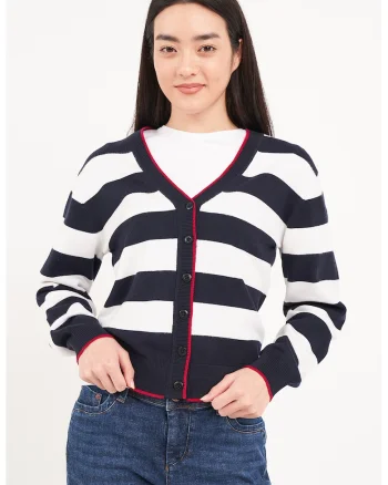 Cardigan cu decolteu in V si model in dungi, Alb/Albastru ultramarin