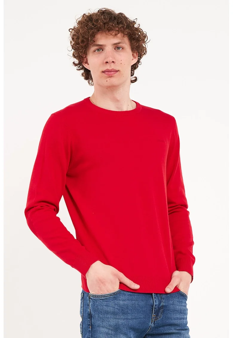 Pulover din tricot fin cu decolteu la baza gatului, Rosu