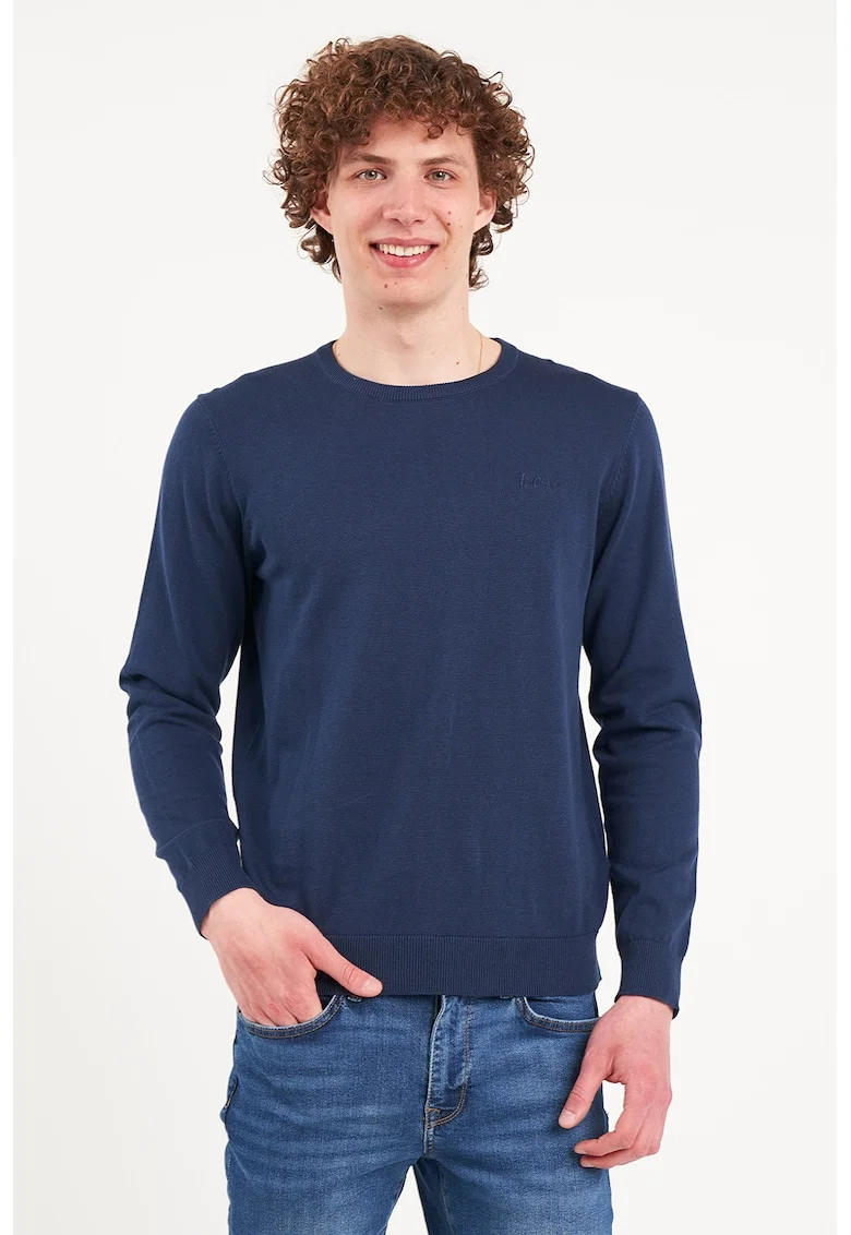 Pulover din tricot fin cu decolteu la baza gatului, Bleumarin