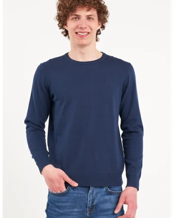 Pulover din tricot fin cu decolteu la baza gatului, Bleumarin