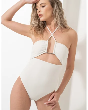 Costum de baie intreg cu decupaje, Alb murdar