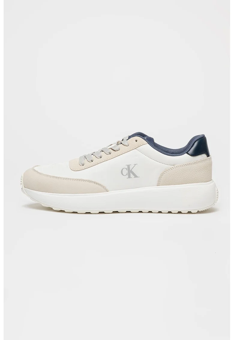 Pantofi sport din piele cu logo, Alb/Maro taupe deschis