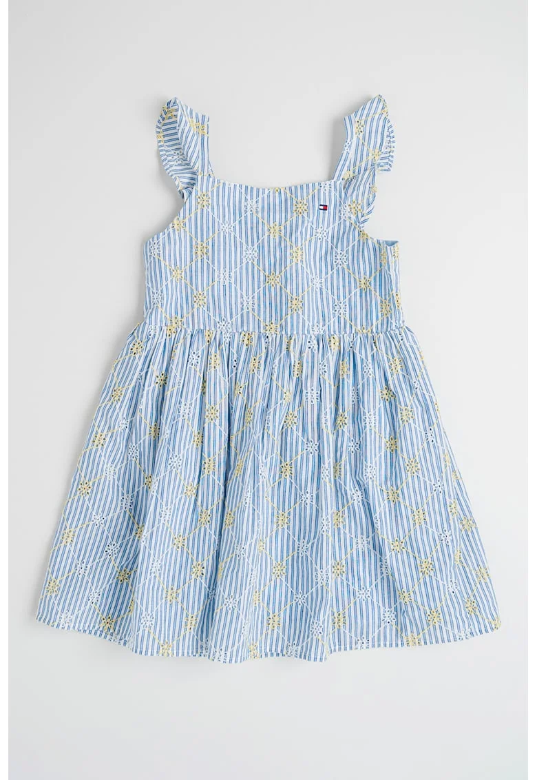 Rochie cu dungi si broderie, Alb/Albastru lavanda/Galben pal