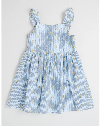 Rochie cu dungi si broderie, Alb/Albastru lavanda/Galben pal