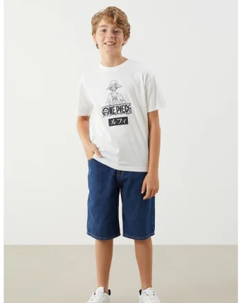 Tricou cu decolteu la baza gatului si imprimeu grafic, Negru/Alb murdar