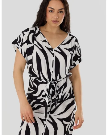 Rochie lejera cu model Palmetta, Alb/Negru