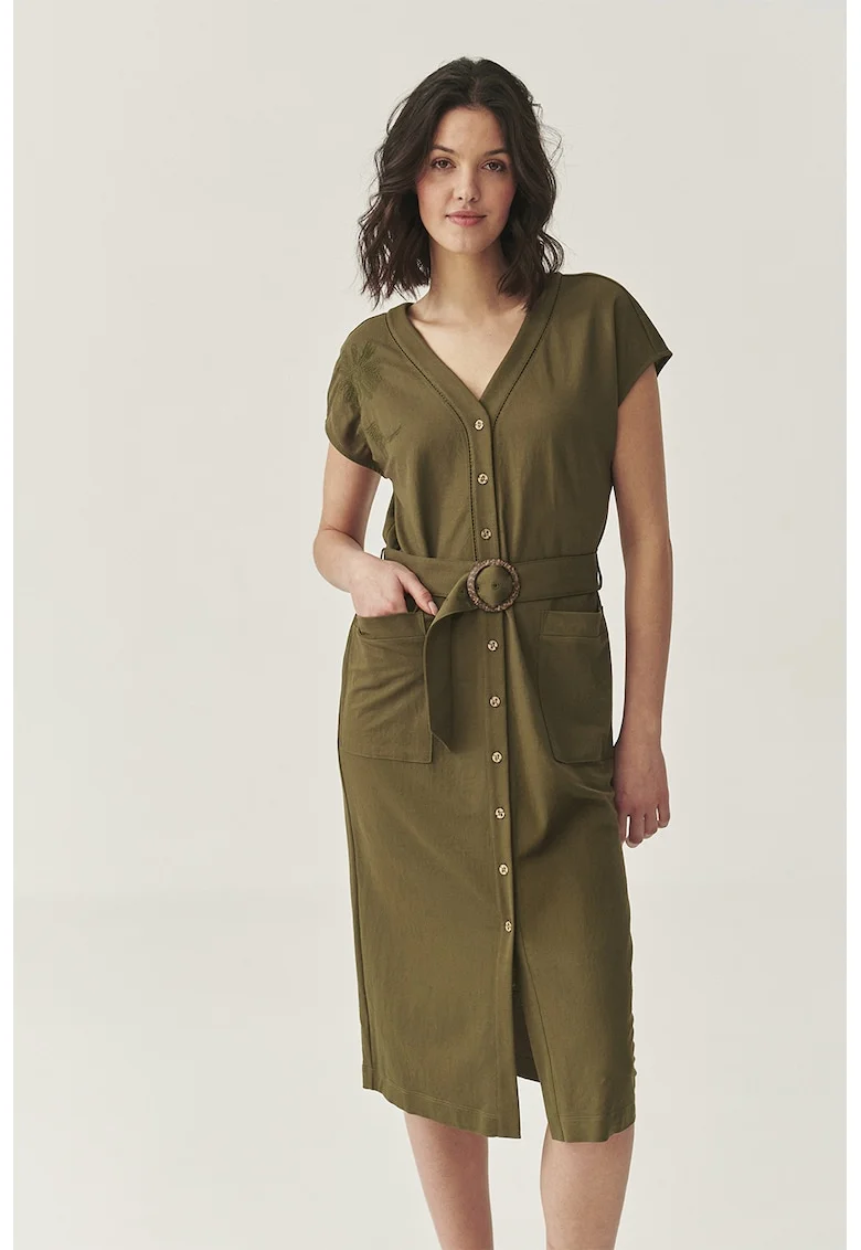 Rochie midi cu nasturi, Verde masliniu