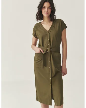 Rochie midi cu nasturi, Verde masliniu