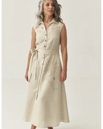 Rochie midi din amestec de in, Bej deschis