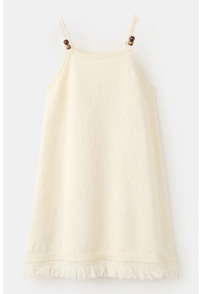 Rochie din amestec de bumbac cu franjuri, Alb fildes