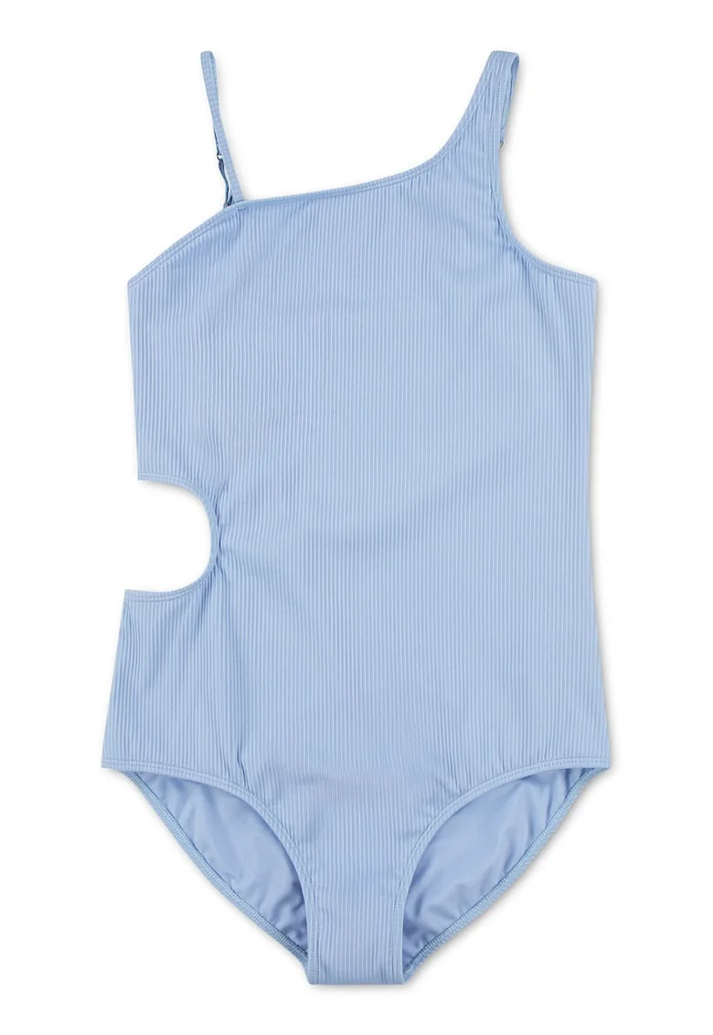 Costum de baie intreg cu decupaj lateral si striatii, Albastru deschis