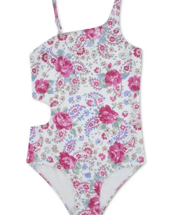Costum de baie intreg cu decupaj lateral si striatii, Roz zmeuriu/Bej deschis