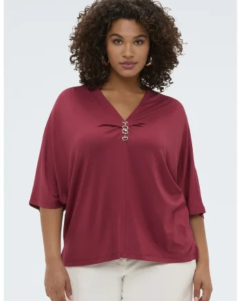 Bluza de satin cu decolteu in V si maneci medii, Rosu inchis