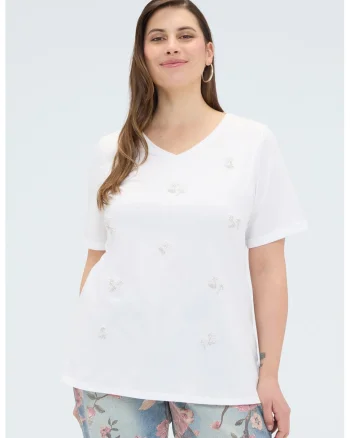 Tricou cu decolteu in V decorat cu margele, Alb