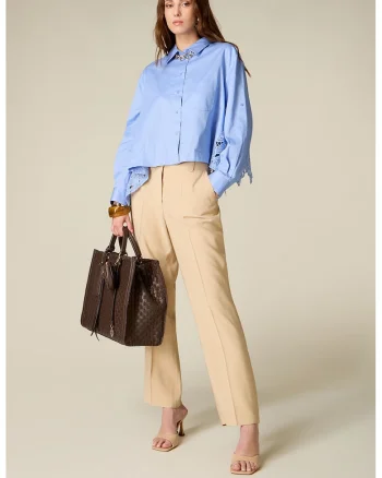 Pantaloni chino uni cu pensa, Bej