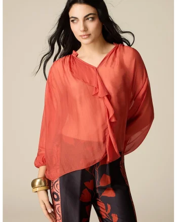 Bluza din amestec de matase cu volane, Rosu vermillion