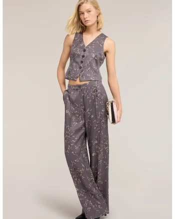 Pantaloni drepti cu model floral, Violet prafuit