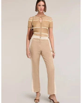 Pantaloni din amestec de lyocell si in cu talie inalta, Crem