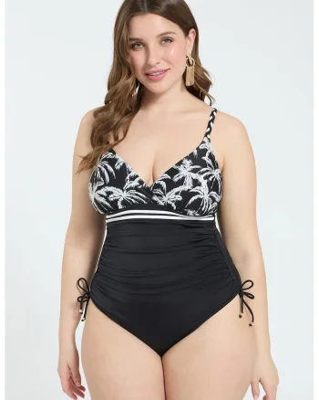 Costum de baie intreg cu imprimeu tropical, Alb/Negru