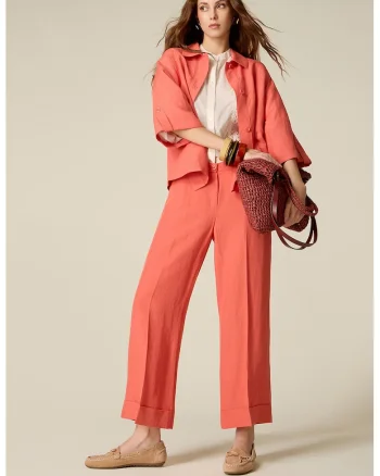 Pantaloni crop din amestec de in cu pensa, Coral