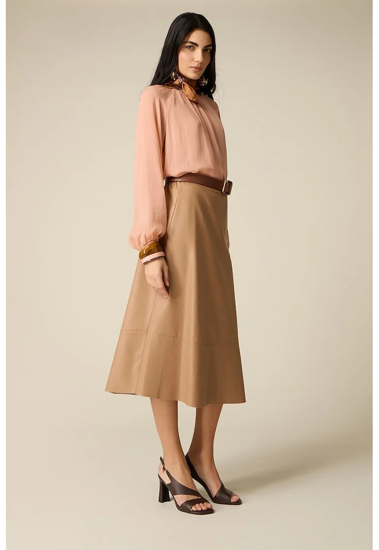 Fusta midi cu talie elastica si model uni, Bej