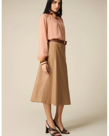 Fusta midi cu talie elastica si model uni, Bej