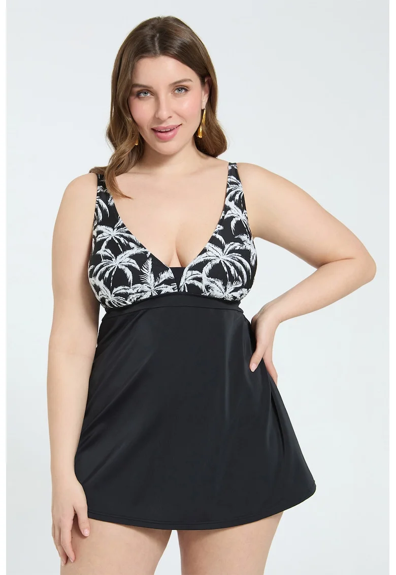 Costum de baie intreg cu imprimeu tropical, Alb/Negru