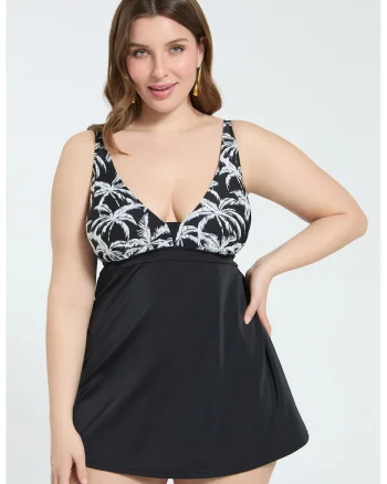 Costum de baie intreg cu imprimeu tropical, Alb/Negru