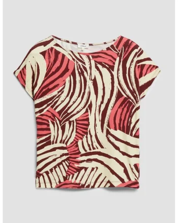 Tricou cu decolteu rotund si imprimeu, Visiniu/Roz/Crem