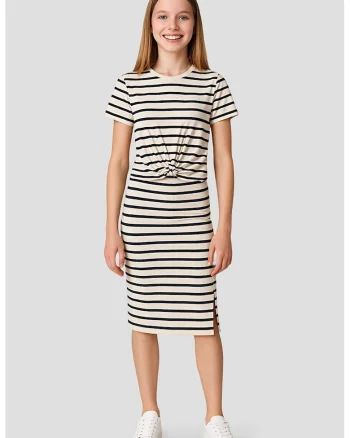 Tricou cu model in dungi si detaliu cu nod frontal, Negru/Alb murdar