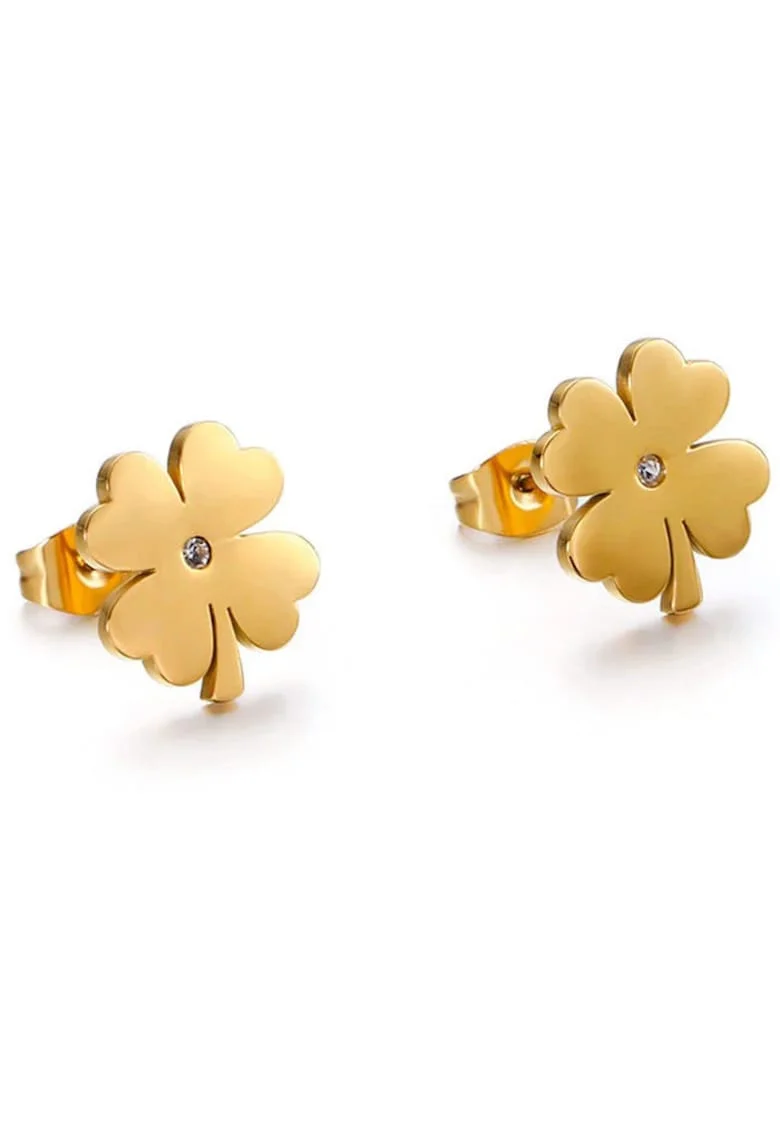Cercei aurii, din otel inoxidabil, suflati cu aur 18k, forma de trifoi, cu zirconii, Delphine C3
