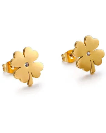 Cercei aurii, din otel inoxidabil, suflati cu aur 18k, forma de trifoi, cu zirconii, Delphine C3