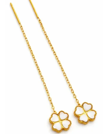 Cercei Maelle, aurii, trifoi, inox suflat cu aur 18k, 6.5cm