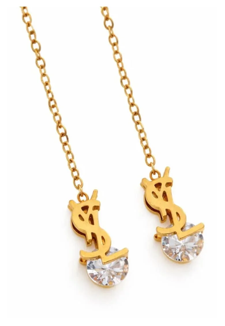 Cercei  aurii, lungime 8cm, inox suflat cu aur 18k, cu zirconii