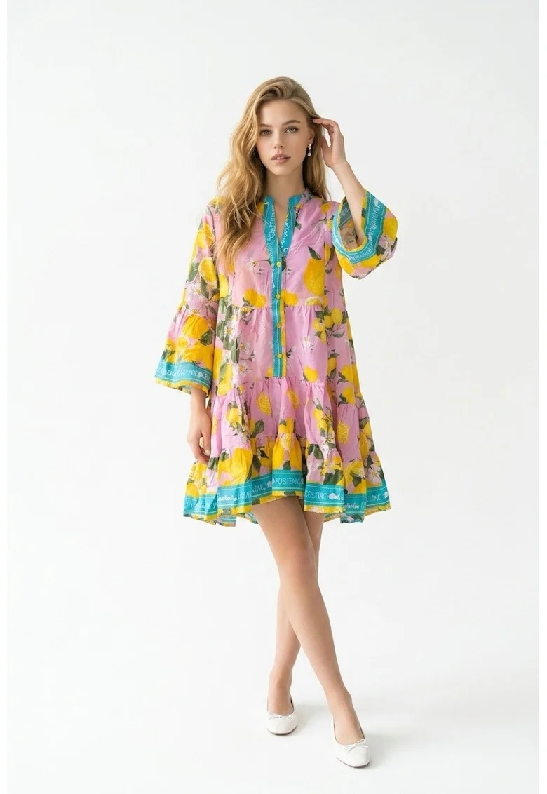 Rochie scurta de vara din bumbac cu imprimeu Amalfi, Galben/Turcoaz/Roz