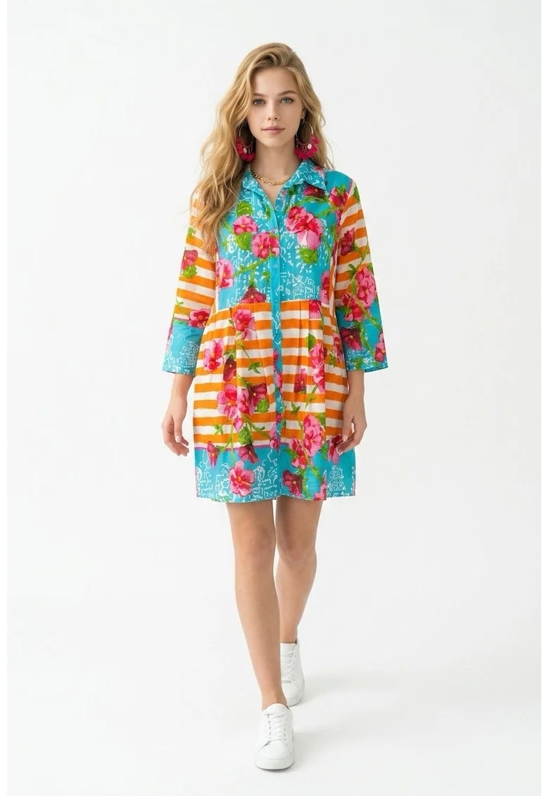 Rochie scurta tip camas de vara din bumbac alb cu imprimeu multicolor Positano Amalfi