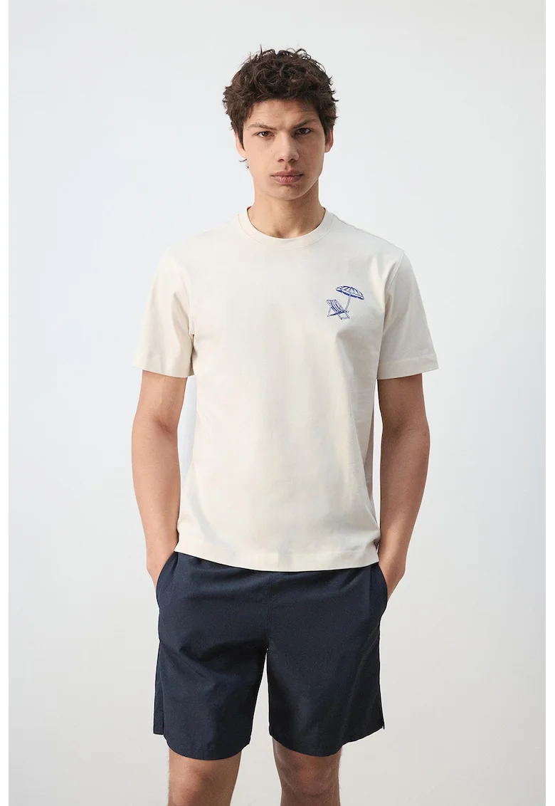 Tricou de bumbac cu decolteu la baza gatului, Albastru royal/Alb murdar