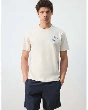 Tricou de bumbac cu decolteu la baza gatului, Albastru royal/Alb murdar