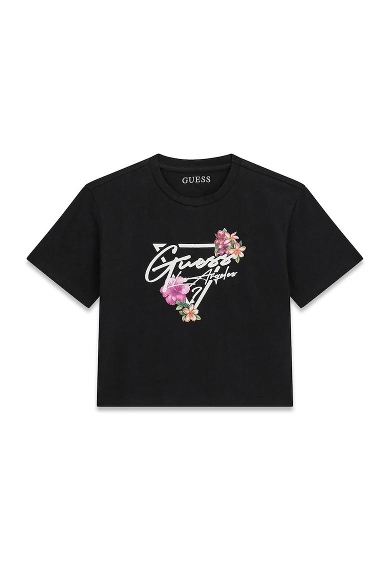 Tricou crop cu imprimeu logo, Negru/Roz