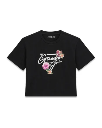 Tricou crop cu imprimeu logo, Negru/Roz