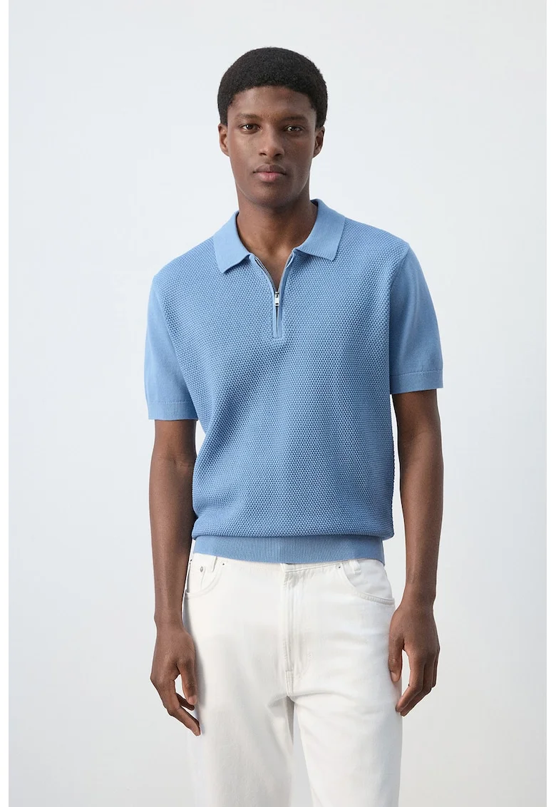 Tricou polo cu fenta cu fermoar, Albastru pastel