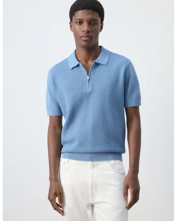 Tricou polo cu fenta cu fermoar, Albastru pastel