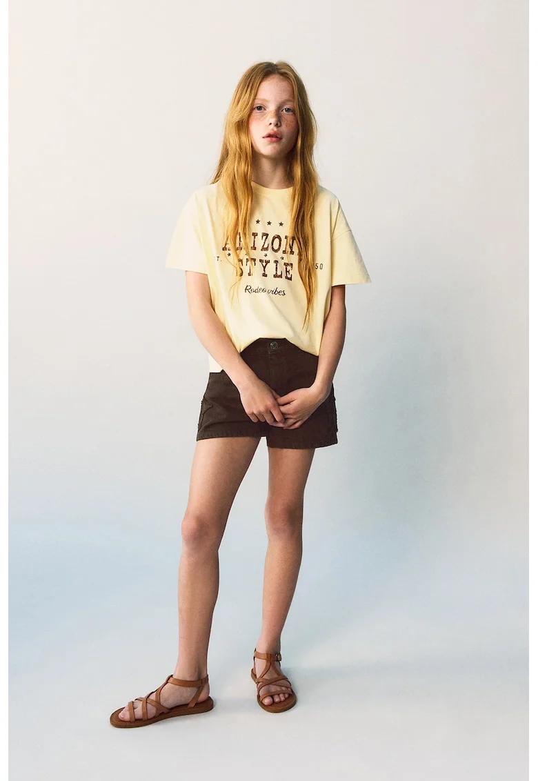 Tricou cu imprimeu text, Bej/Maro pamantiu