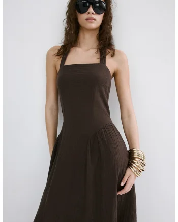 Rochie din bumbac cu decupaj pe partea din spate, Maro inchis