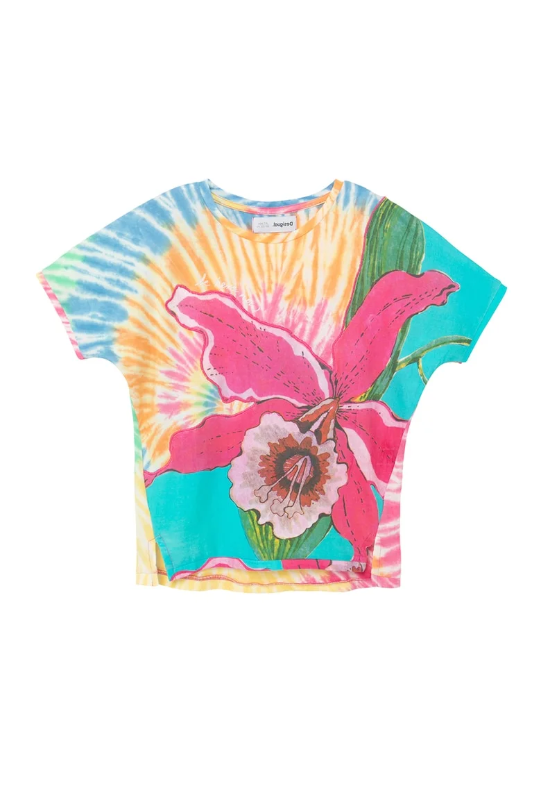 Tricou cu imprimeu tie-dye si floare tropicala, Galben/Roz/Albastru