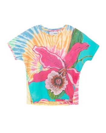 Tricou cu imprimeu tie-dye si floare tropicala, Galben/Roz/Albastru