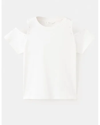 Tricou uni din bumbac cu decolteu pe umeri, Alb