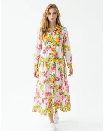 Rochie lunga tip camasa de vara din bumbac cu imprimeu Amalfi multicolor