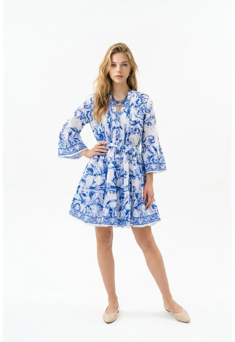 Rochie scurta de vara din bumbac cu imprimeu alb cu albastru Amalfi